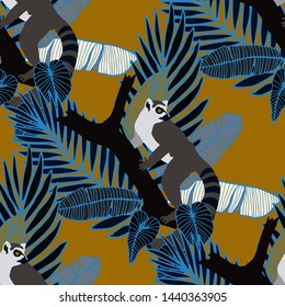 Hand drawn seamless pattern with tropical leaves: palms, monstera, passion fruit. Beautiful allover print with hand drawn exotic plants and animals. Swimwear botanical design. Vector for any purposes