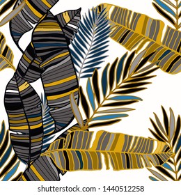 Hand drawn seamless pattern with tropical leaves: palms, monstera, passion fruit. Beautiful allover print with hand drawn exotic plants. Swimwear botanical design. Vector for any purposes