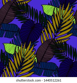 Hand drawn seamless pattern with tropical leaves: palms, monstera, passion fruit. Beautiful allover print with hand drawn exotic plants. Swimwear botanical design. Vector for any purposes