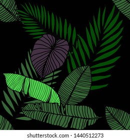 Hand drawn seamless pattern with tropical leaves: palms, monstera, passion fruit. Beautiful allover print with hand drawn exotic plants. Swimwear botanical design. Vector for any purposes