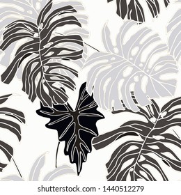 Hand drawn seamless pattern with tropical leaves: palms, monstera, passion fruit. Beautiful allover print with hand drawn exotic plants. Swimwear botanical design. Vector for any purposes