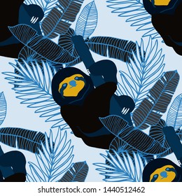Hand drawn seamless pattern with tropical leaves: palms, monstera, passion fruit. Beautiful allover print with hand drawn exotic plants and animals. Swimwear botanical design. Vector for any purposes