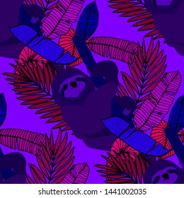 Hand drawn seamless pattern with tropical leaves: palms, monstera, passion fruit. Beautiful allover print with hand drawn exotic plants and animals. Swimwear botanical design. Vector for any purposes