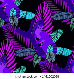 Hand drawn seamless pattern with tropical leaves: palms, monstera, passion fruit. Beautiful allover print with hand drawn exotic plants and animals. Swimwear botanical design. Vector for any purposes
