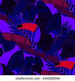 Hand drawn seamless pattern with tropical leaves: palms, monstera, passion fruit. Beautiful allover print with hand drawn exotic plants and animals. Swimwear botanical design. Vector for any purposes