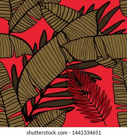 Hand drawn seamless pattern with tropical leaves: palms, monstera, passion fruit. Beautiful allover print with hand drawn exotic plants. Swimwear botanical design. Vector for any purposes