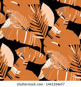 Hand drawn seamless pattern with tropical leaves: palms, monstera, passion fruit. Beautiful allover print with hand drawn exotic plants. Swimwear botanical design. Vector for any purposes