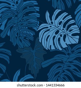 Hand drawn seamless pattern with tropical leaves: palms, monstera, passion fruit. Beautiful allover print with hand drawn exotic plants. Swimwear botanical design. Vector for any purposes