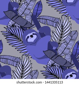 Hand drawn seamless pattern with tropical leaves: palms, monstera, passion fruit. Beautiful allover print with hand drawn exotic plants and animals. Swimwear botanical design. Vector for any purposes