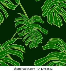 Hand drawn seamless pattern with tropical leaves: palms, monstera, passion fruit. Beautiful allover print with hand drawn exotic plants. Swimwear botanical design. Vector for any purposes
