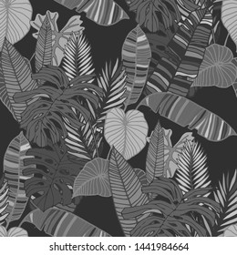 Hand drawn seamless pattern with tropical leaves: palms, monstera, passion fruit. Beautiful allover print with hand drawn exotic plants. Swimwear botanical design. Vector for any purposes
