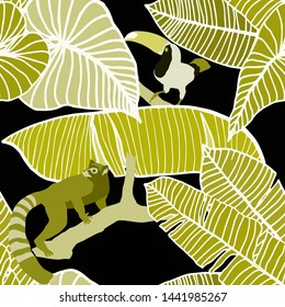 Hand drawn seamless pattern with tropical leaves: palms, monstera, passion fruit. Beautiful allover print with hand drawn exotic plants and animals. Swimwear botanical design. Vector for any purposes