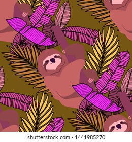 Hand drawn seamless pattern with tropical leaves: palms, monstera, passion fruit. Beautiful allover print with hand drawn exotic plants and animals. Swimwear botanical design. Vector for any purposes