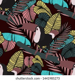 Hand drawn seamless pattern with tropical leaves: palms, monstera, passion fruit. Beautiful allover print with hand drawn exotic plants and animals. Swimwear botanical design. Vector for any purposes