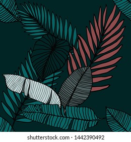 Hand drawn seamless pattern with tropical leaves: palms, monstera, passion fruit. Beautiful allover print with hand drawn exotic plants. Swimwear botanical design. Vector for any purposes