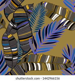 Hand drawn seamless pattern with tropical leaves: palms, monstera, passion fruit. Beautiful allover print with hand drawn exotic plants. Swimwear botanical design. Vector for any purposes