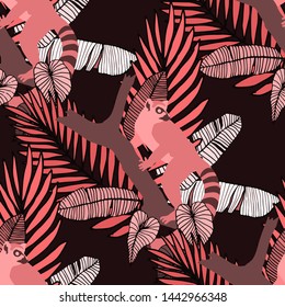 Hand drawn seamless pattern with tropical leaves: palms, monstera, passion fruit. Beautiful allover print with hand drawn exotic plants and animals. Swimwear botanical design. Vector for any purposes