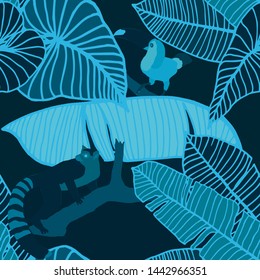 Hand drawn seamless pattern with tropical leaves: palms, monstera, passion fruit. Beautiful allover print with hand drawn exotic plants and animals. Swimwear botanical design. Vector for any purposes