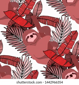 Hand drawn seamless pattern with tropical leaves: palms, monstera, passion fruit. Beautiful allover print with hand drawn exotic plants and animals. Swimwear botanical design. Vector for any purposes