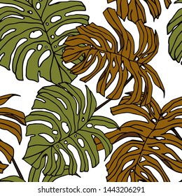 Hand drawn seamless pattern with tropical leaves: palms, monstera, passion fruit. Beautiful allover print with hand drawn exotic plants. Swimwear botanical design. Vector for any purposes