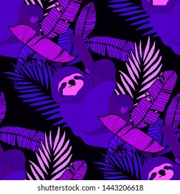 Hand drawn seamless pattern with tropical leaves: palms, monstera, passion fruit. Beautiful allover print with hand drawn exotic plants and animals. Swimwear botanical design. Vector for any purposes