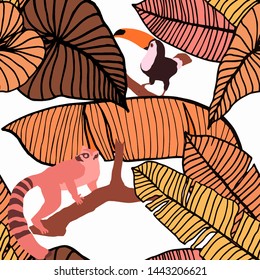 Hand drawn seamless pattern with tropical leaves: palms, monstera, passion fruit. Beautiful allover print with hand drawn exotic plants and animals. Swimwear botanical design. Vector for any purposes