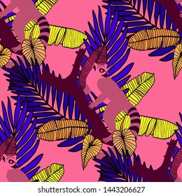 Hand drawn seamless pattern with tropical leaves: palms, monstera, passion fruit. Beautiful allover print with hand drawn exotic plants and animals. Swimwear botanical design. Vector for any purposes