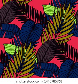 Hand drawn seamless pattern with tropical leaves: palms, monstera, passion fruit. Beautiful allover print with hand drawn exotic plants. Swimwear botanical design. Vector for any purposes