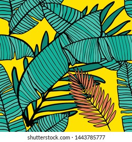 Hand drawn seamless pattern with tropical leaves: palms, monstera, passion fruit. Beautiful allover print with hand drawn exotic plants. Swimwear botanical design. Vector for any purposes