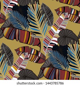 Hand drawn seamless pattern with tropical leaves: palms, monstera, passion fruit. Beautiful allover print with hand drawn exotic plants. Swimwear botanical design. Vector for any purposes
