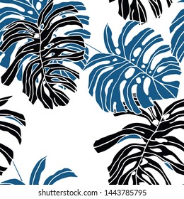 Hand drawn seamless pattern with tropical leaves: palms, monstera, passion fruit. Beautiful allover print with hand drawn exotic plants. Swimwear botanical design. Vector for any purposes