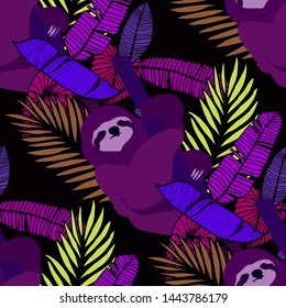 Hand drawn seamless pattern with tropical leaves: palms, monstera, passion fruit. Beautiful allover print with hand drawn exotic plants and animals. Swimwear botanical design. Vector for any purposes