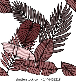 Hand drawn seamless pattern with tropical leaves: palms, monstera, passion fruit. Beautiful allover print with hand drawn exotic plants. Swimwear botanical design. Vector for any purposes