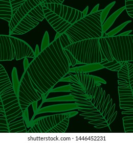 Hand drawn seamless pattern with tropical leaves: palms, monstera, passion fruit. Beautiful allover print with hand drawn exotic plants. Swimwear botanical design. Vector for any purposes