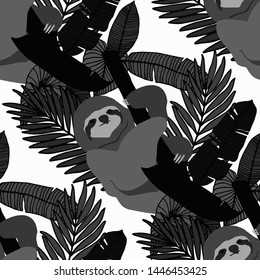 Hand drawn seamless pattern with tropical leaves: palms, monstera, passion fruit. Beautiful allover print with hand drawn exotic plants and animals. Swimwear botanical design. Vector for any purposes
