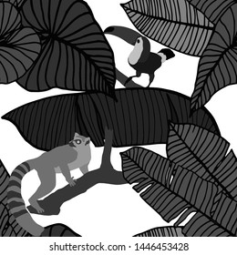 Hand drawn seamless pattern with tropical leaves: palms, monstera, passion fruit. Beautiful allover print with hand drawn exotic plants and animals. Swimwear botanical design. Vector for any purposes