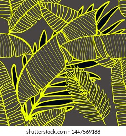 Hand drawn seamless pattern with tropical leaves: palms, monstera, passion fruit. Beautiful allover print with hand drawn exotic plants. Swimwear botanical design. Vector for any purposes