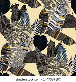 Hand drawn seamless pattern with tropical leaves: palms, monstera, passion fruit. Beautiful allover print with hand drawn exotic plants. Swimwear botanical design. Vector for any purposes