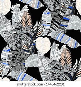 Hand drawn seamless pattern with tropical leaves: palms, monstera, passion fruit. Beautiful allover print with hand drawn exotic plants. Swimwear botanical design. Vector for any purposes