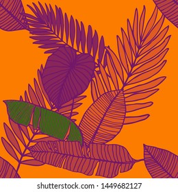 Hand drawn seamless pattern with tropical leaves: palms, monstera, passion fruit. Beautiful allover print with hand drawn exotic plants. Swimwear botanical design. Vector for any purposes
