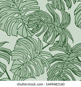 Hand drawn seamless pattern with tropical leaves: palms, monstera, passion fruit. Beautiful allover print with hand drawn exotic plants. Swimwear botanical design. Vector for any purposes