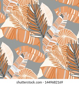 Hand drawn seamless pattern with tropical leaves: palms, monstera, passion fruit. Beautiful allover print with hand drawn exotic plants. Swimwear botanical design. Vector for any purposes