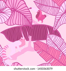 Hand drawn seamless pattern with tropical leaves: palms, monstera, passion fruit. Beautiful allover print with hand drawn exotic plants and animals. Swimwear botanical design. Vector for any purposes