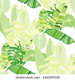 Hand drawn seamless pattern with tropical leaves: palms, monstera, passion fruit. Beautiful allover print with hand drawn exotic plants and animals. Swimwear botanical design. Vector for any purposes