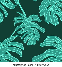 Hand drawn seamless pattern with tropical leaves: palms, monstera, passion fruit. Beautiful allover print with hand drawn exotic plants and animals. Swimwear botanical design. Vector for any purposes
