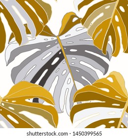 Hand drawn seamless pattern with tropical leaves: palms, monstera, passion fruit. Beautiful allover print with hand drawn exotic plants and animals. Swimwear botanical design. Vector for any purposes