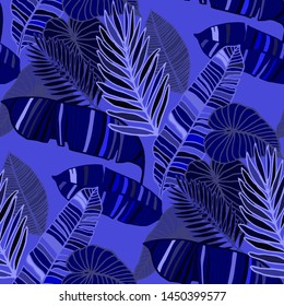 Hand drawn seamless pattern with tropical leaves: palms, monstera, passion fruit. Beautiful allover print with hand drawn exotic plants and animals. Swimwear botanical design. Vector for any purposes