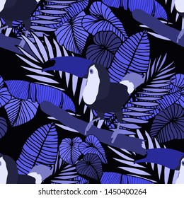 Hand drawn seamless pattern with tropical leaves: palms, monstera, passion fruit. Beautiful allover print with hand drawn exotic plants and animals. Swimwear botanical design. Vector for any purposes