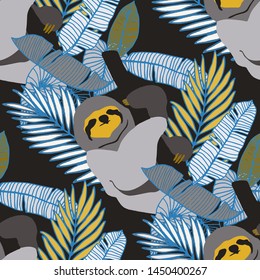 Hand drawn seamless pattern with tropical leaves: palms, monstera, passion fruit. Beautiful allover print with hand drawn exotic plants and animals. Swimwear botanical design. Vector for any purposes