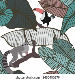 Hand drawn seamless pattern with tropical leaves: palms, monstera, passion fruit. Beautiful allover print with hand drawn exotic plants and animals. Swimwear botanical design. Vector for any purposes